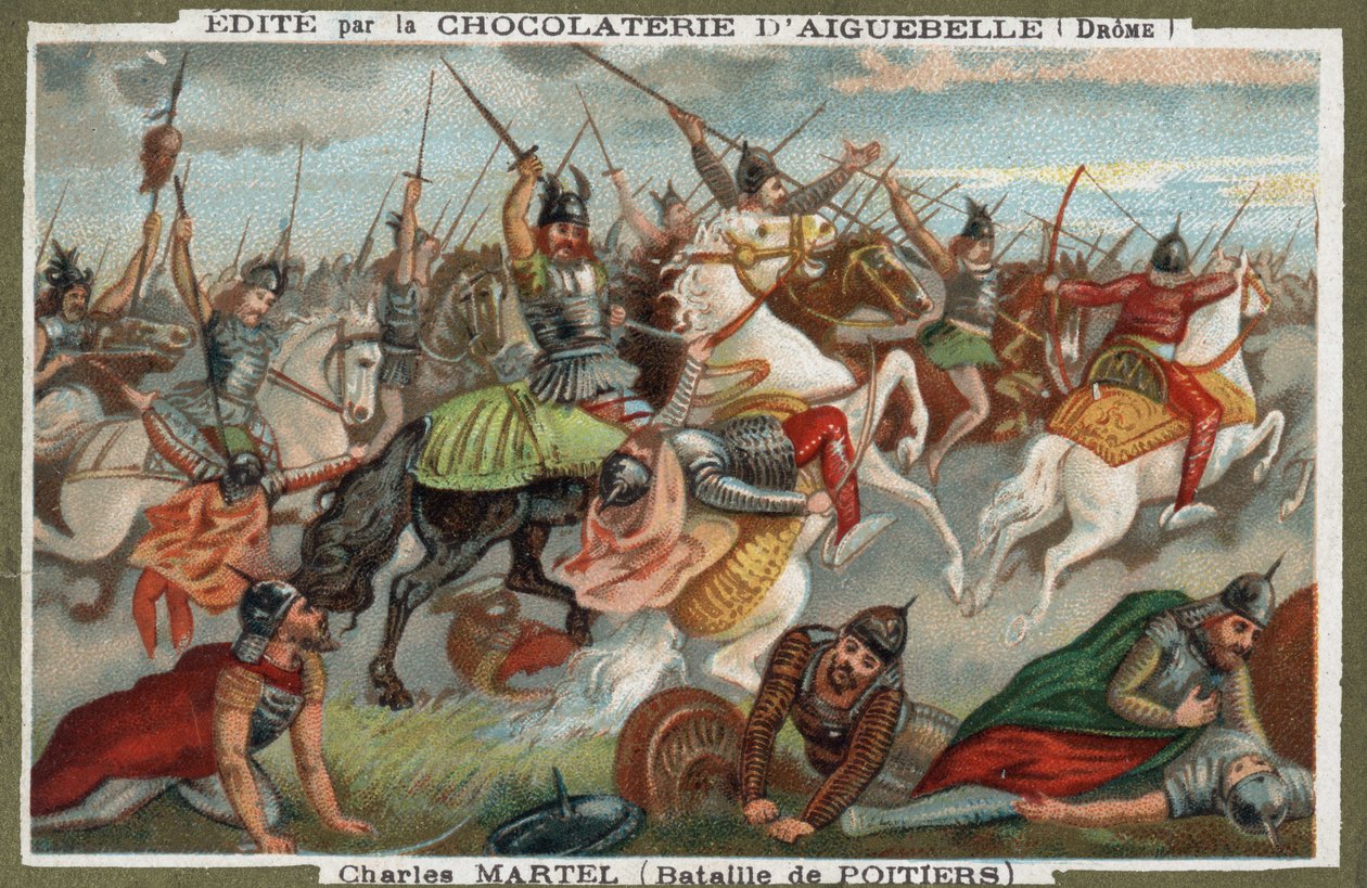 Charles Martel pidätti muslimeja Poitiersin taistelussa vuonna 732. Kromolitografia 1800-luvulta. tekijältä French School