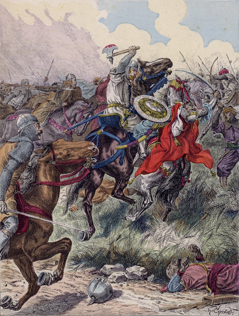 Kaarle Martel Poitiersin taistelussa, 732 (värilitografia) tekijältä French School