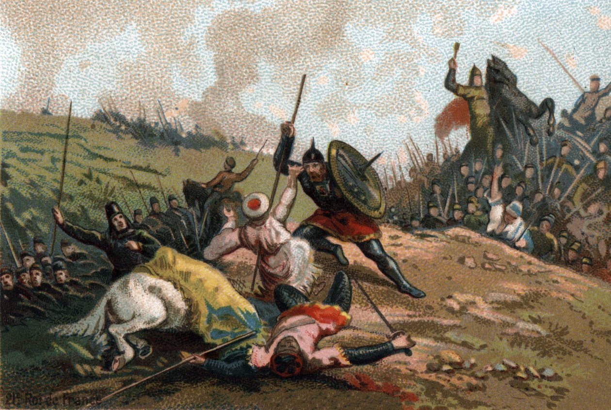 Charles Martel pysäytti hyökkäyksen ja tappoi Abd al-Rahman I:n tai Abderamane I:n (Abd al-Rahman) (731-788), saraseenien johtajan. Kromolitografia noin 1890. tekijältä French School