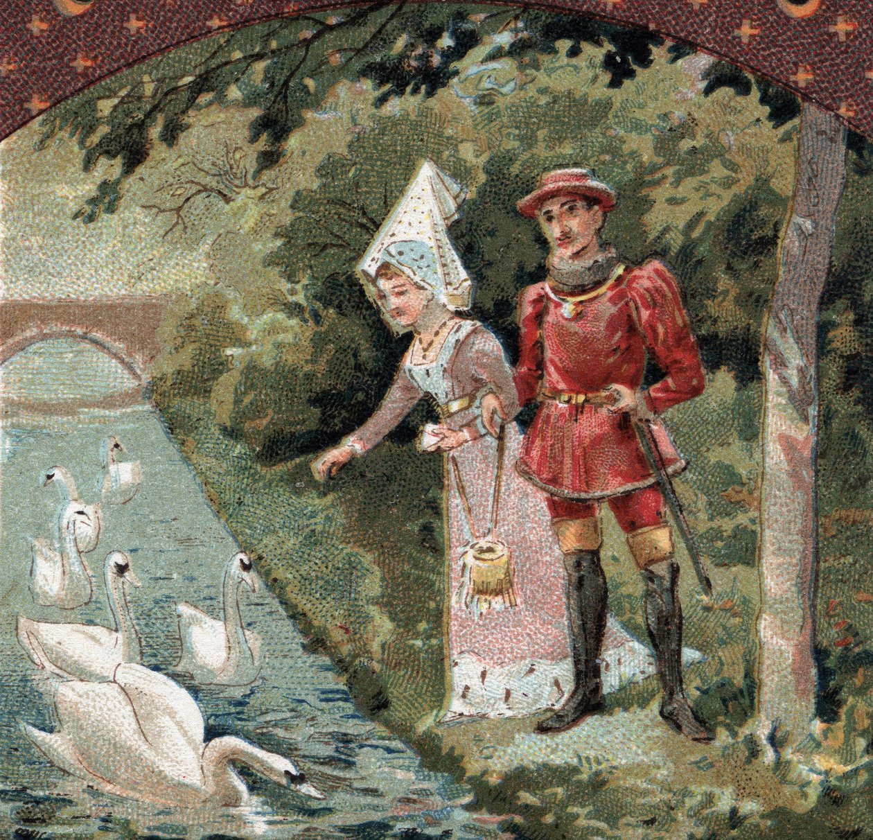 Kaarle VII (1403-1461) suosikkinsa, Agnes Sorelin (tunnetaan nimellä Beaute sur Marnen (Beaute-sur-Marne) (1422-1450) kanssa, ruokkimassa joutsenia Savigny sur Orgen (Savigny-sur) linnan puistossa -Orge). 1800-luvun lopun kromolitografia tekijältä French School