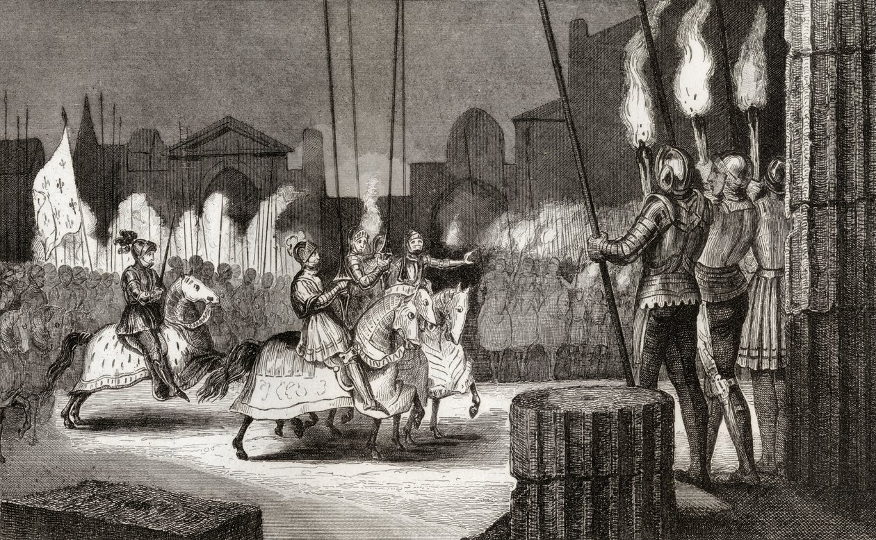 Kaarle VII (1470-1498) saapuu Roomaan vuonna 1494 julistaakseen hänet Idän keisariksi Colartin teoksesta "Histoire de France", julkaistu n. 1840 tekijältä French School