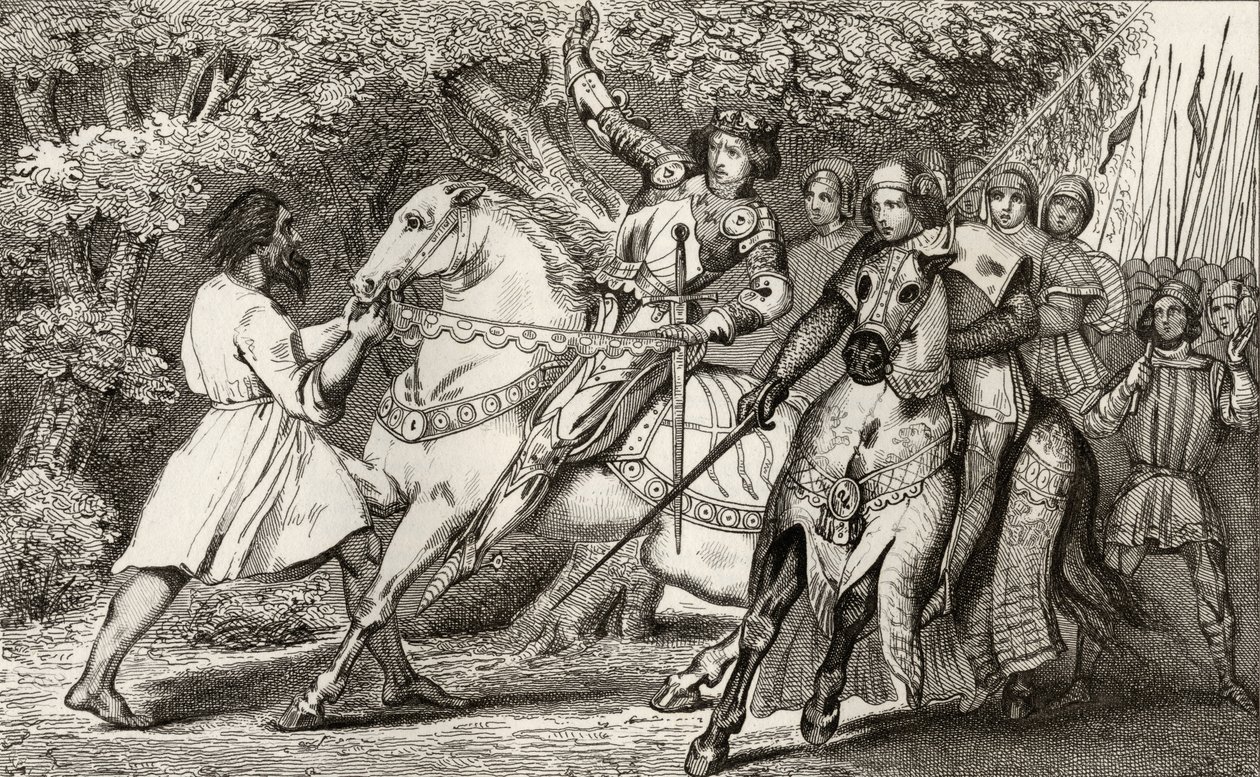 Kaarle VI (1368-1412) Hullulle kerrotaan väijytyksestä Angersin lähellä olevassa metsässä Colartin teoksesta "Histoire de France", julkaistu noin 1840. tekijältä French School