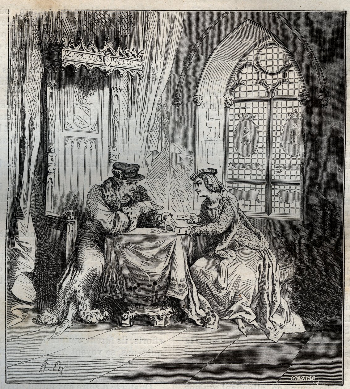 Kaarle VI (1380-1422) ja Odette de Champdivers - Ranskan kuningas Kaarle VI, joka tunnettiin nimellä Charles the Good Aime, sitten Kaarle Fol (1368-1422) emäntänsä Odinette (Odette) de Champdiversin kanssa (noin 1390 - noin 1425) pelikorttien kaiverrus "Pa tekijältä French School