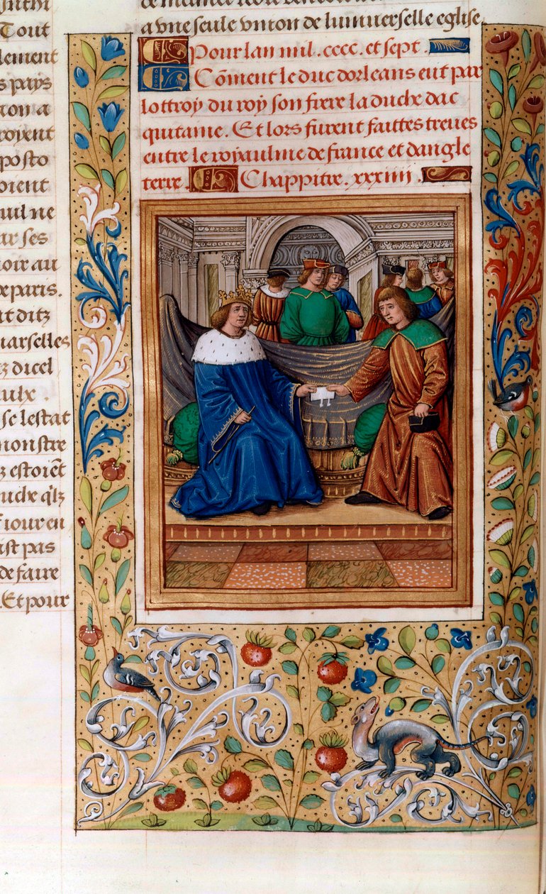 Kaarle VI ja Henrik V allekirjoittivat "Troyesin sopimuksen" vuonna 1420, kuva "Chroniques de Monstrelet" -kirjasta tekijältä French School