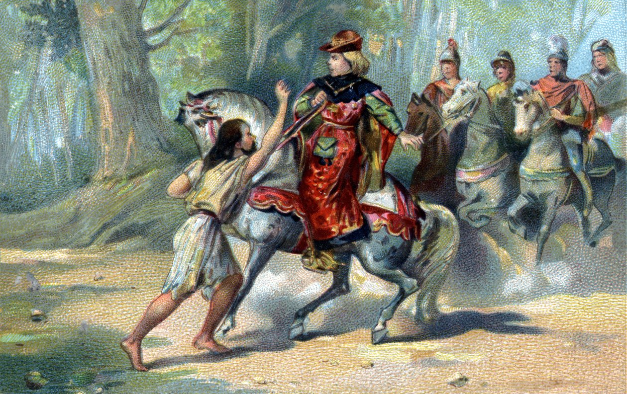 Charles VI joutui hulluun Le Mansin metsässä. 1800-luvun lopun kromolitografia tekijältä French School