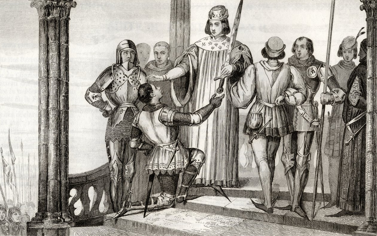 Kaarle V (1358-80) Viisas esittelee miekkansa Duguesdinille, Colartin "Histoire de France" -teoksesta, julkaistu noin vuonna 1840. tekijältä French School