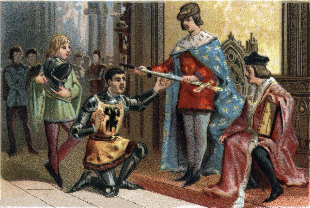 Kaarle V Viisaat (1338-1380) luovuttavat juhlallisesti liiton Bertrand du Guesclinin (1320-1380) nopeuden. Kromolitografia noin 1890. tekijältä French School