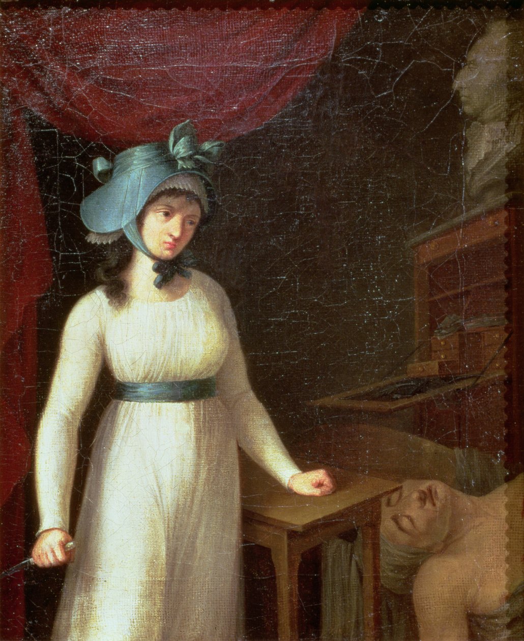 Charlotte Corday (1768-93) ja Jean Paul Maratin (1743-93) salamurha Bathissa tekijältä French School