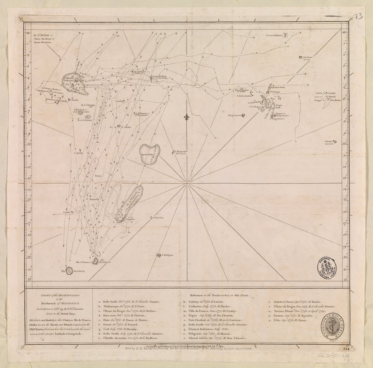 Ranskan laivaston luutnantin le Victe Grenierin vuonna 1776 laatima Mauritiuksesta pohjoiseen sijaitsevan saariston kartta [Sisältää Seychellit, eteläisimmät Malediivit, Mauritiuksen saariryhmän ja Chagosin saariryhmän] tekijältä French School