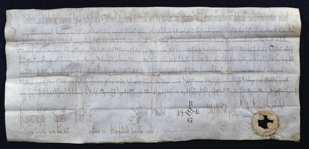 Ranskan kuninkaan Hugues I Capetin (941-996) allekirjoittama peruskirja, 988 (kynä ja muste paperille) tekijältä French School