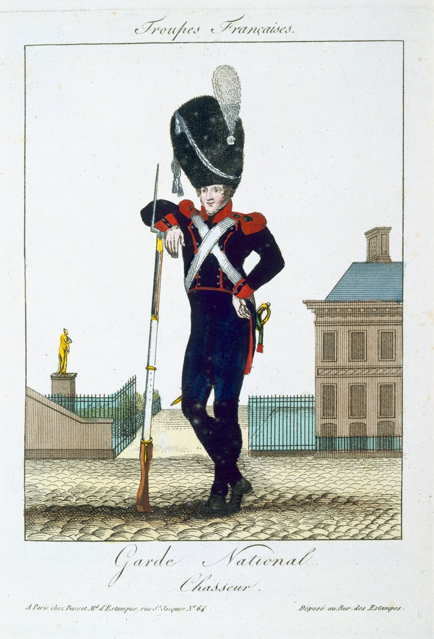 Kansalliskaartin chasseur, Troupes Francaisesista, pub. Bassetissa, Pariisissa, noin 1790 tekijältä French School