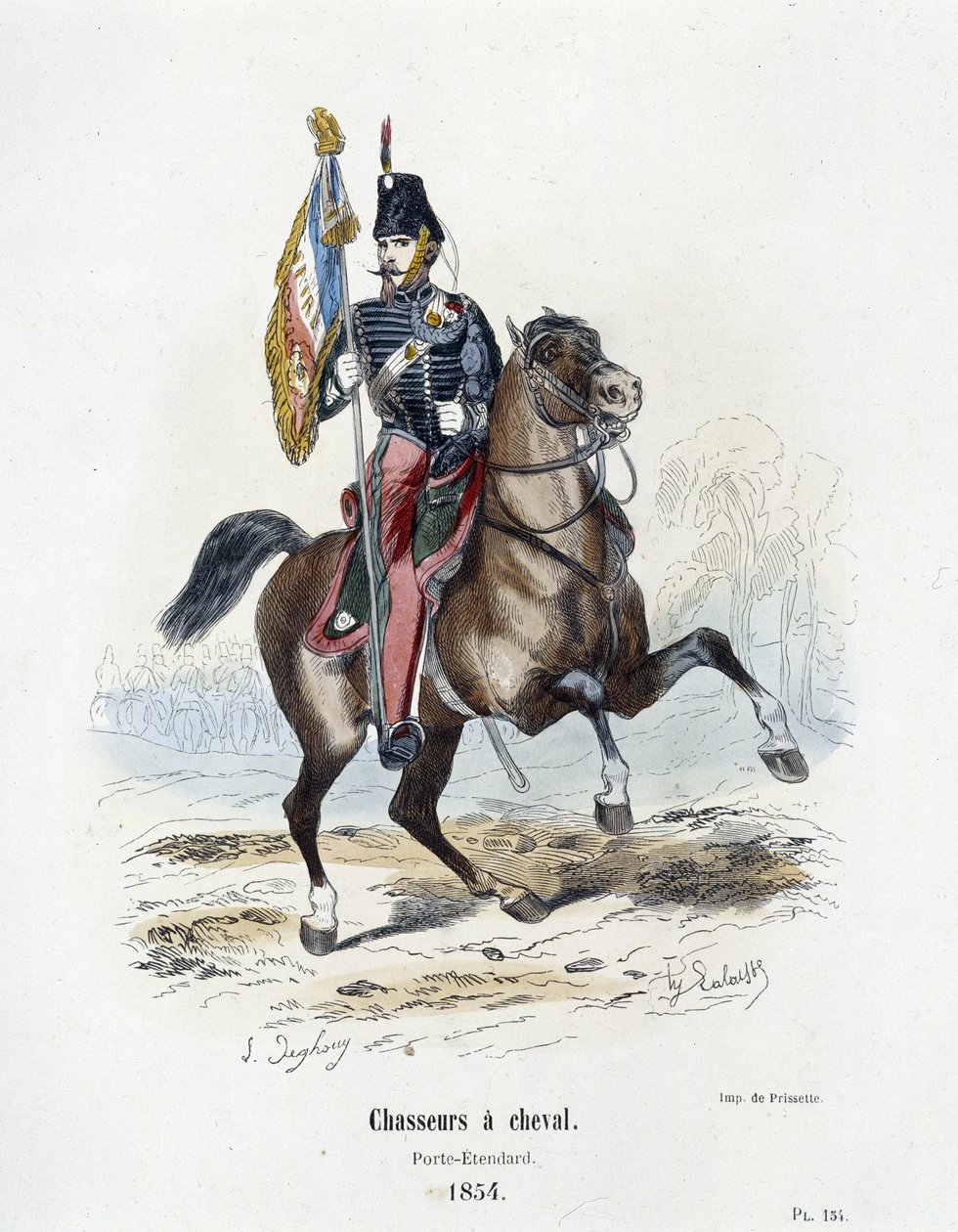 Metsästäjät hevosen selässä: Porte - Standard vuonna 1854 - A. Barbierin "" Histoire de l