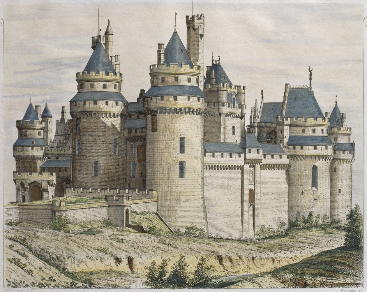 Chateau de Pierrefonds, kuvitus Le Moniteur des architectesista, kaiverrus Bosredon (värikaiverrus) tekijältä French School