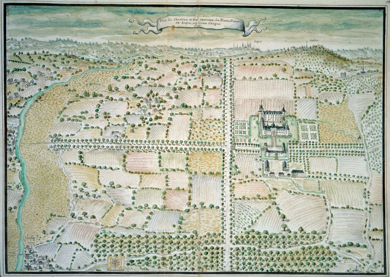 Chateaux de la Loire: "" Näkymä Plessis Bourren linnalle"" Ranskalaisen koulukunnan akvarelli. 1699 Paris, B.N. tekijältä French School