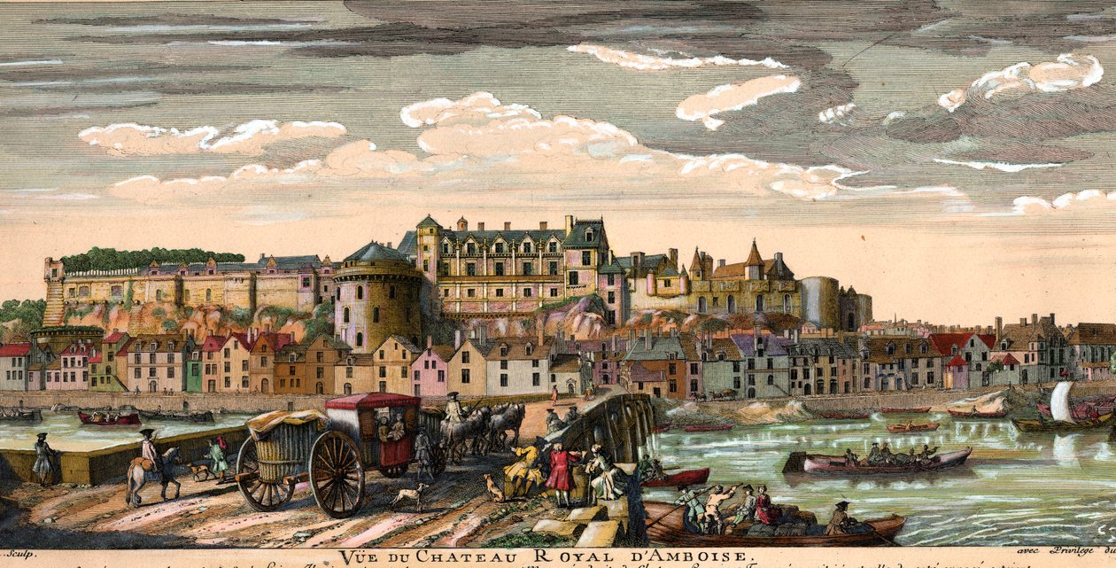 Chateaux de la Loire: näkymä Amboisen linnaan Indressä ja Loiressa 1700-luvulla. Aikakauden kaiverrus. Yksityiskokoelma tekijältä French School