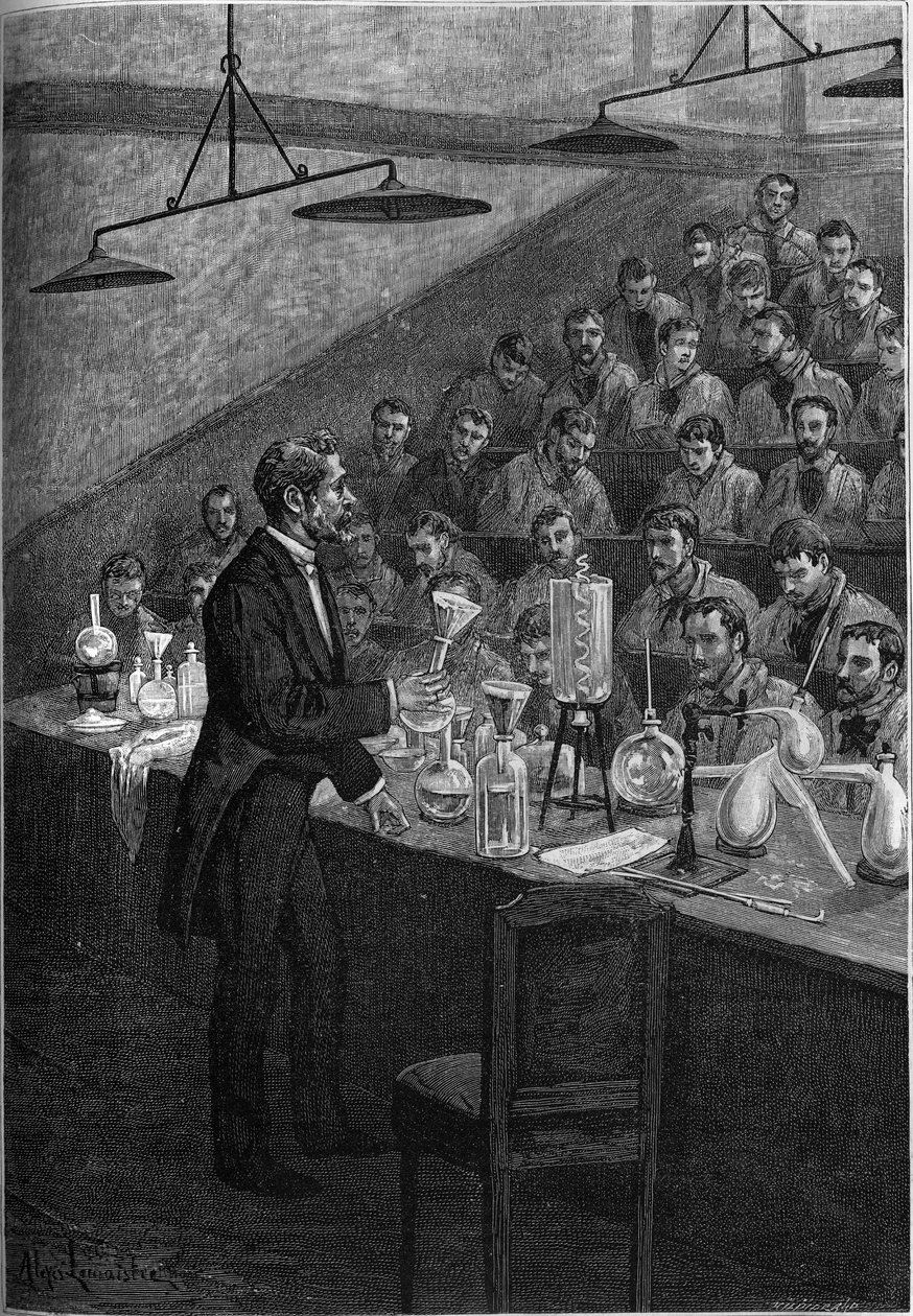 Kemian tunnit Ecole Centrale de Parisissa. Kaiverrus "nuorten sanomalehdessä" 1887. tekijältä French School