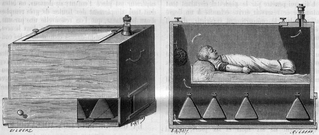 Tohtori Alfred Auvardin (1855-1940) lastenhautomo, synnytysosastolla käytetyn laitteen mukaan, vasemmalla, ulkokuva, oikealta sisäkuva. kirjassa "La Nature. Revue des sciences et de ses applications aux arts et à l