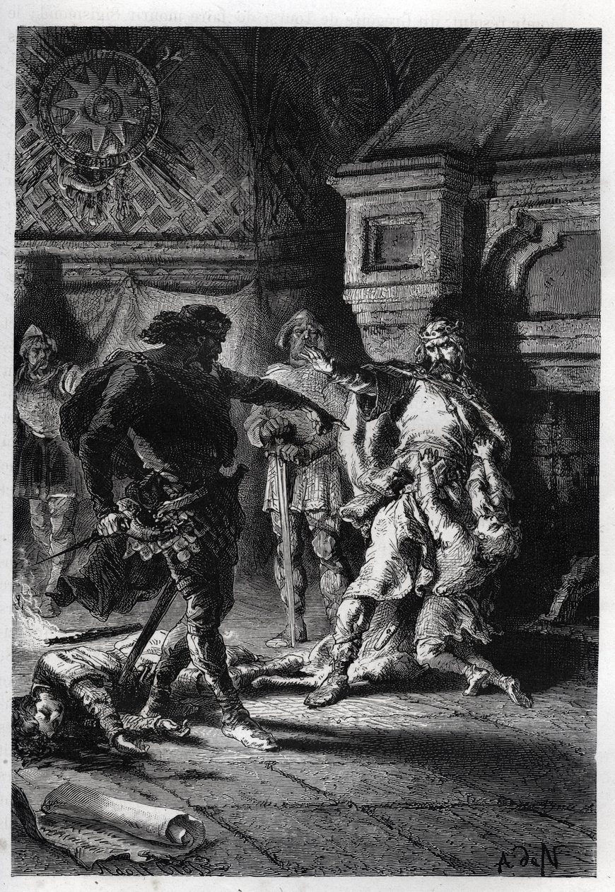 Childebert I (c498-558) veljiensä perillisten murhassa en 526 - Childebert I annoin Clotairen (Clothairen) murhata veljensä Clodomirin, Orleansin kuninkaan, lapset, joiden osavaltiot he jakavat, 526 - kaiverrus kirjasta "" L