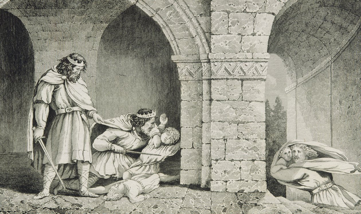 Childebert I (n. 498-588) veljiensä perillisten murhassa, Colartin Histoire de Francesta, julkaistu n. 1840 tekijältä French School