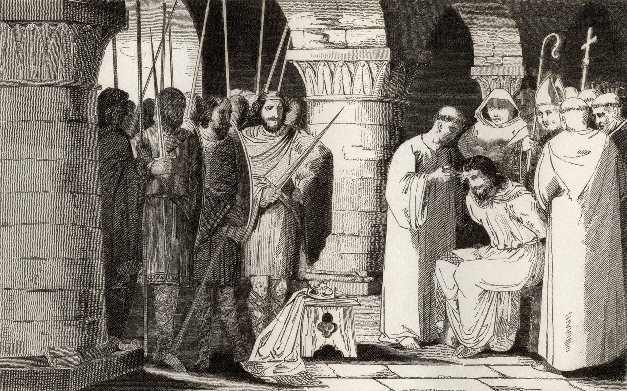 Childeric III (714-51) on syrjäytetty ja suljettu luostariin Colartin "Histoire de France" -kirjasta, julkaistu n. 1840 tekijältä French School