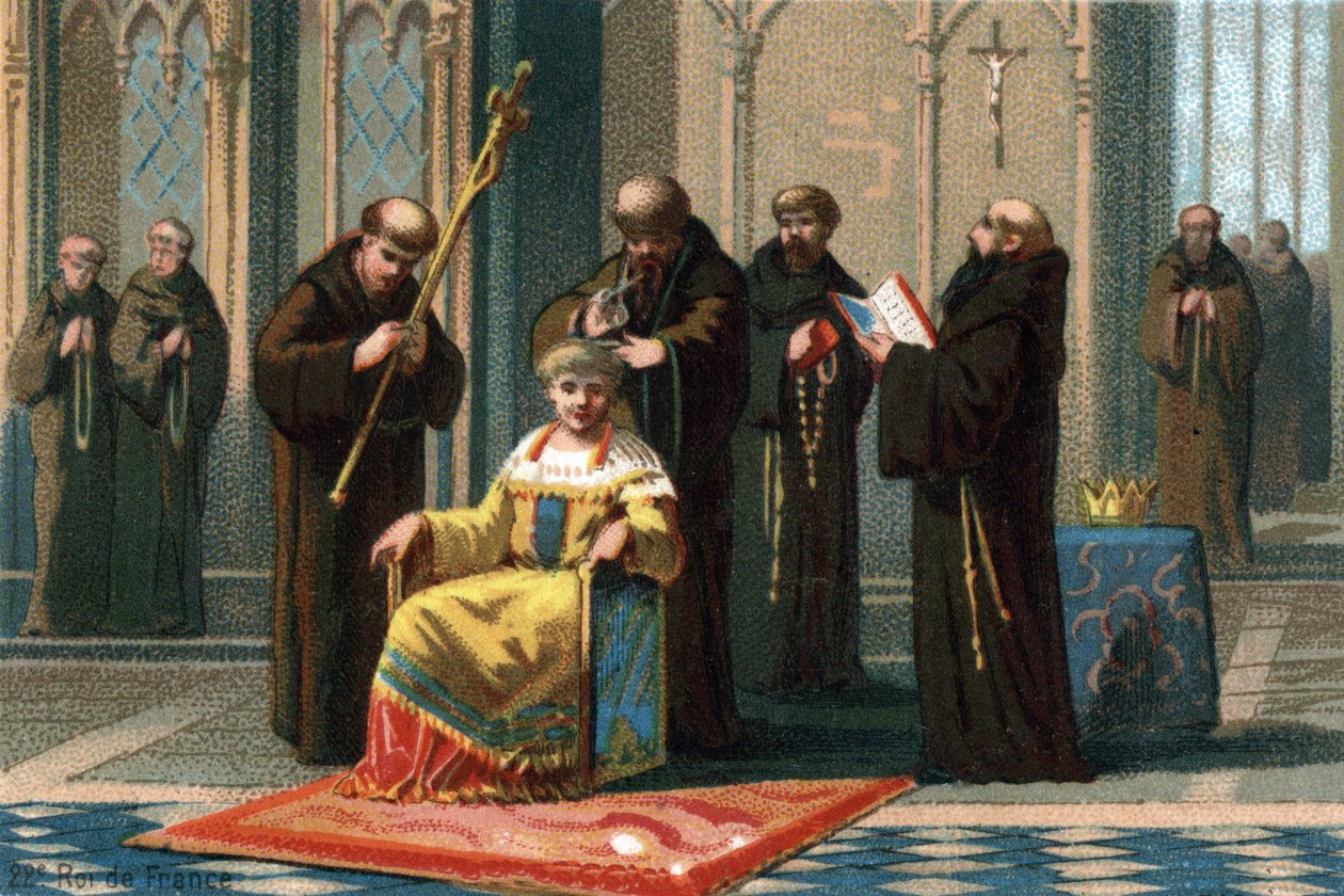 Childeric III, kuningas 742–752, Saint Bertinin luostarissa lähellä Saint-Omeria, jonne Australian palatsin pormestari Charles Martel sulki hänet, 737. Kromolitografia noin 1890. tekijältä French School