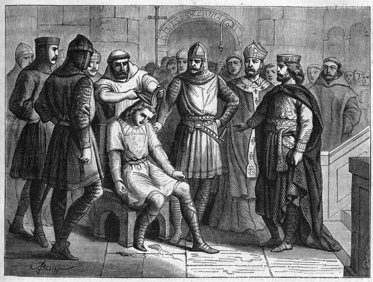 Childeric III, viimeinen Merovingien kuningas, frankkien kuninkaan Pepin le Briefin valtaama, suljettiin Sithiun luostariin lähellä Saint-Omeria vuonna 751. 1800-luvun kaivertaja. tekijältä French School