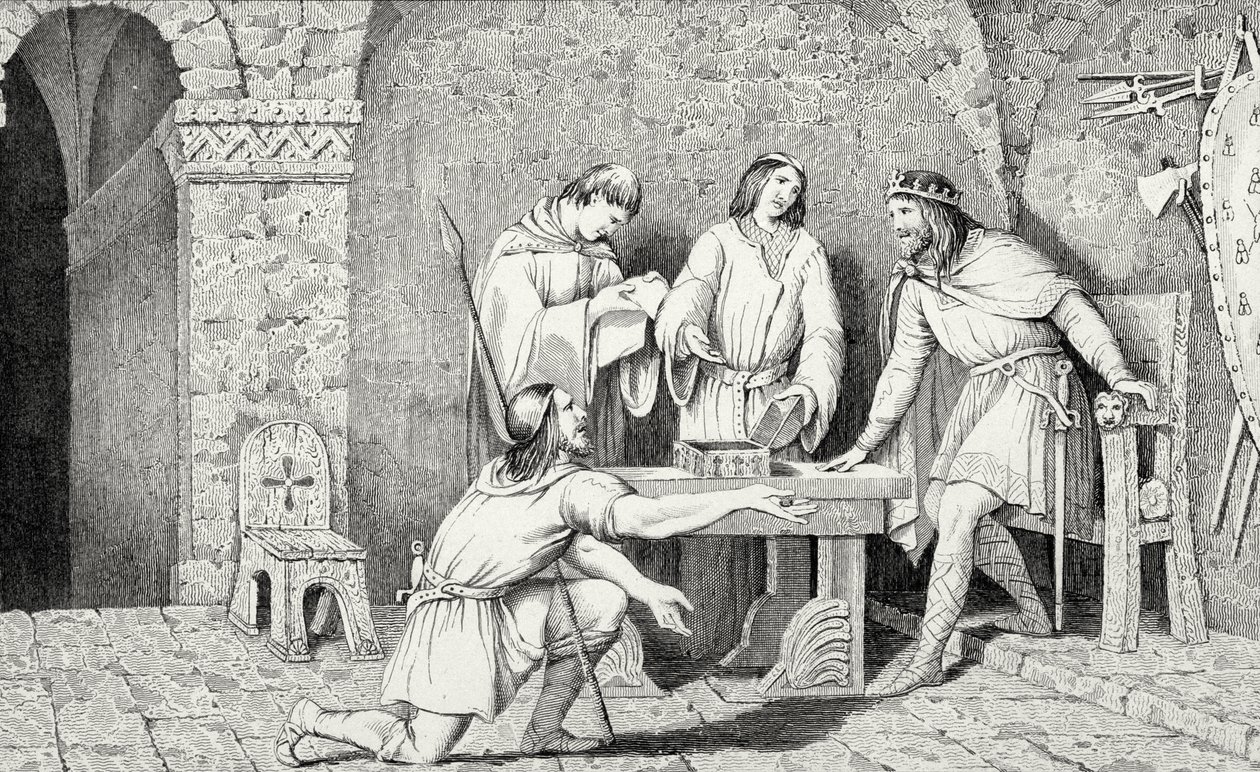 Childeric I (k. 481) ja tarina kultakolikon kahdesta puolikkaasta Colartin teoksesta "Histoire de France", julkaistu n. 1840 tekijältä French School