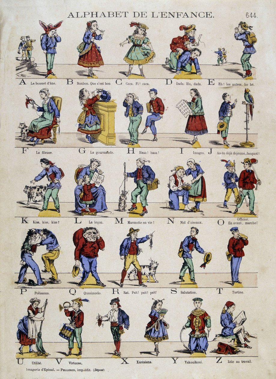 Lapsuuden aakkoset. Kuva yrityksestä Epinal, sd. 1800-luvulla. tekijältä French School
