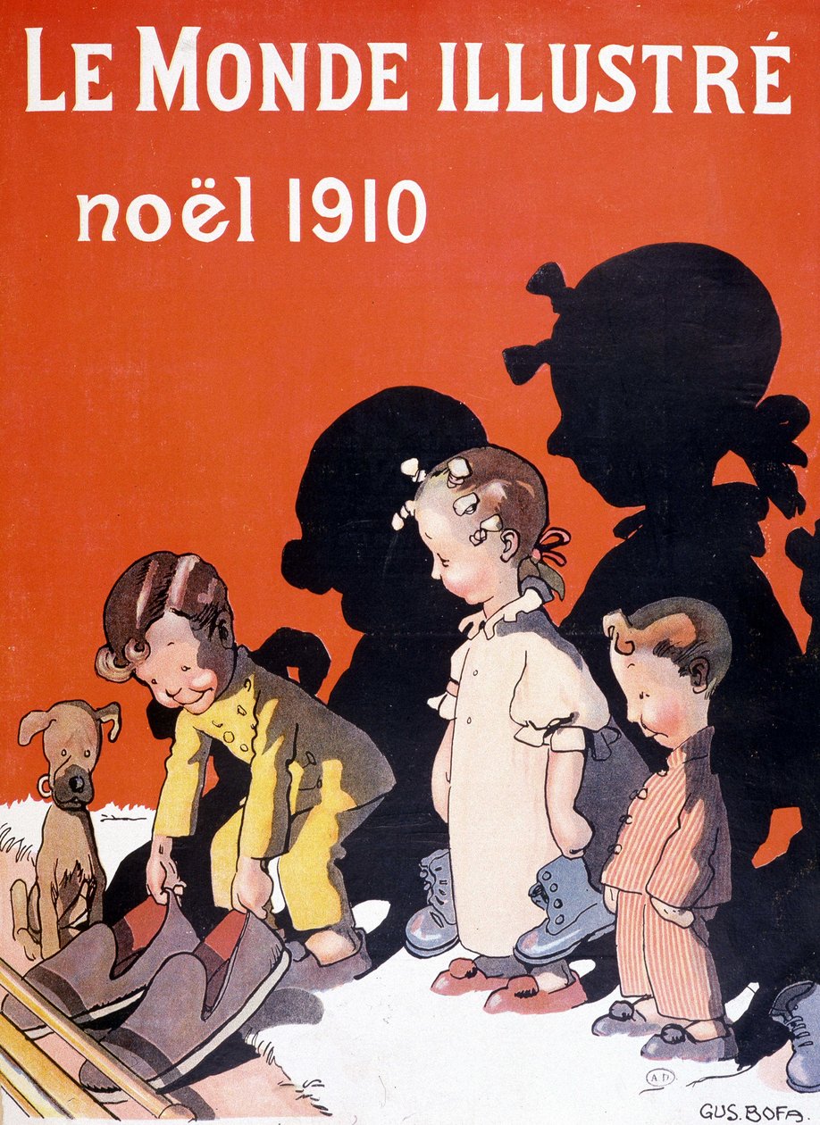 Lapset pudottavat kenkänsä takan eteen joulupukille - "" Le Monde Ilustréssa"" tekijältä French School