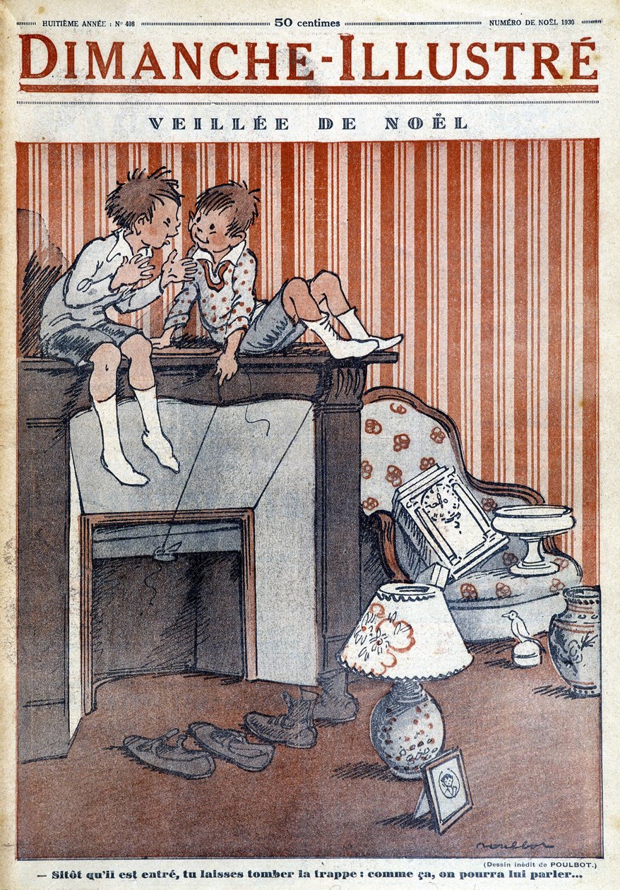 Lapset istuvat savupiipussa, joulupukin ansassa, joulun 1930 sanomalehteä "Le Dimanche illustrious" varten (kaiverrus). tekijältä French School