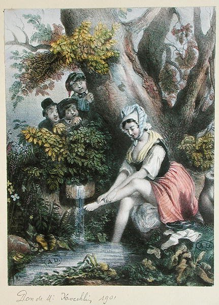Lapset vakoilevat nuorta tyttöä, joka pesee jalkojaan purossa. c. 1840 (väri litho) tekijältä French School