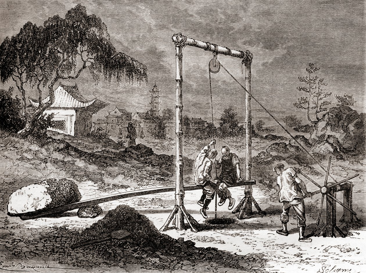 Kiinalaiset työntekijät 1800-luvulla kaivamassa kaivoa suolaveden ottamiseksi, julkaisusta "Les Merveilles de la Science", julkaistu n. 1870 (kaiverrus) tekijältä French School