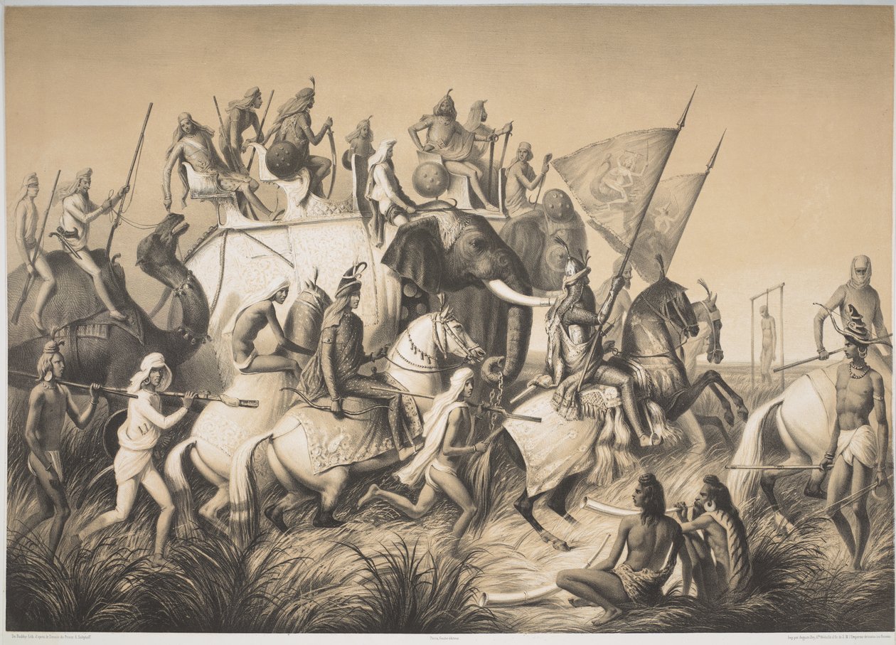 Chir Singh, sikhien Maharaja Punjabin kuninkaan ja hänen seuransa kanssa elokuvasta Voyage in India, n. 1850 (litho) tekijältä French School