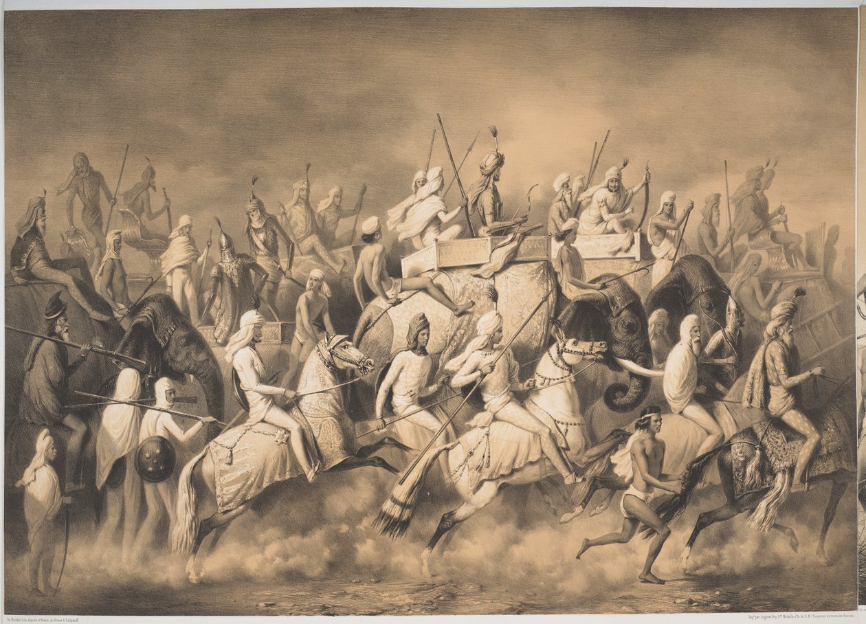 Chir Singh, sikhien maharadža ja Punjabin kuningas seuraseurueensa kanssa metsästämässä Lahoren lähellä, "Voyages in India", n. 1850 (litho) tekijältä French School