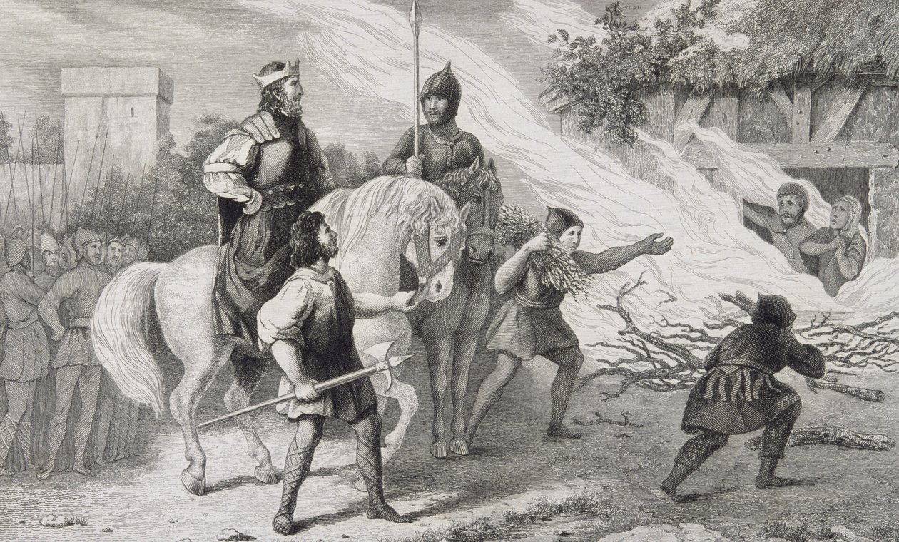 Chlotaire I (497-561) polttaa kapinallisen poikansa ja perheensä Colartin teoksesta "Histoire de France", julkaistu n. 1840 tekijältä French School