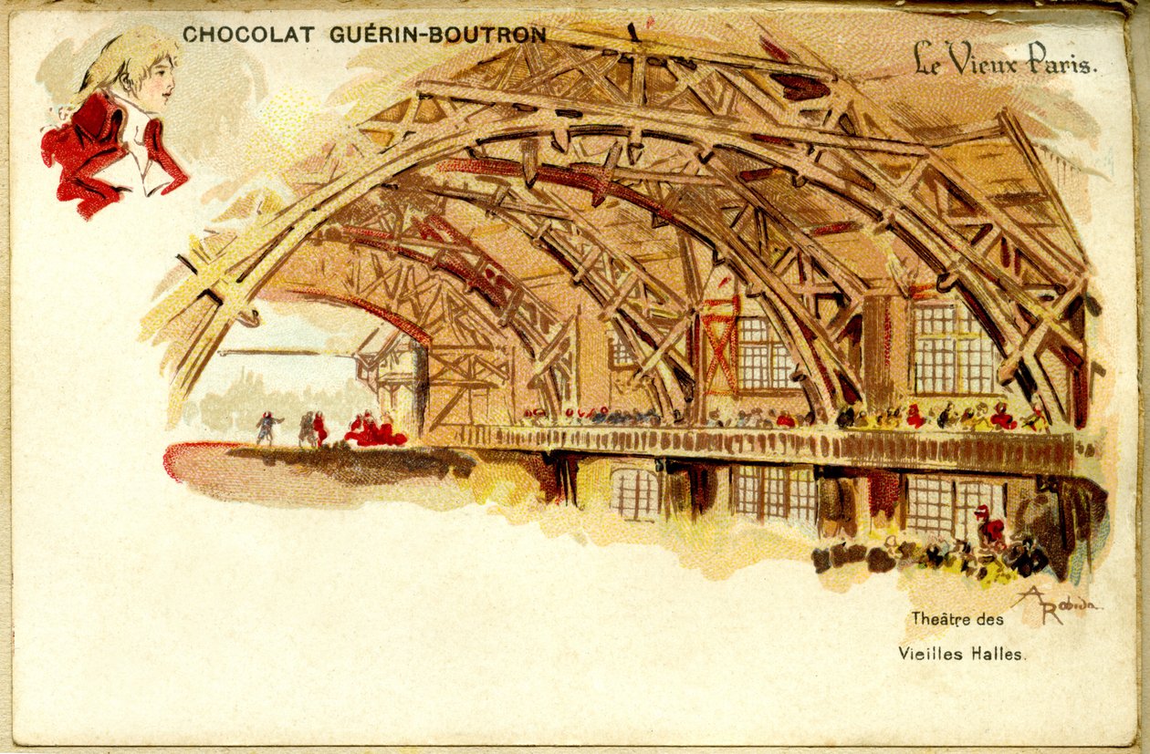 Suklaan kromolitografia Guerin Boutronin suklaat, OLD PARIS, Théâtre des Vieilles halles tekijältä French School