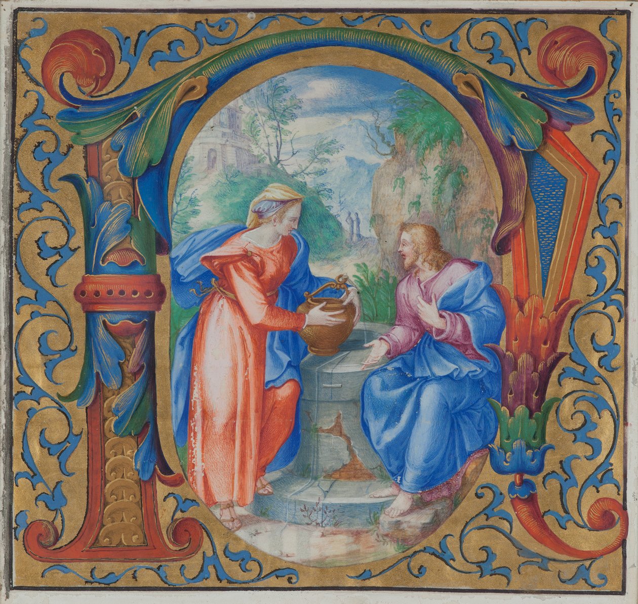 Kristus ja Samarialainen nainen kaivolla (tempera vellum) tekijältä French School