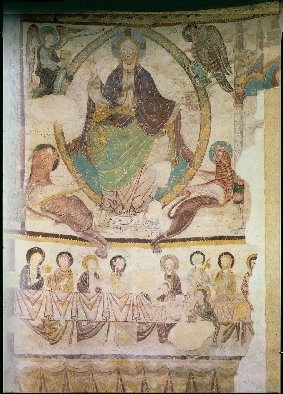 Kristus Majesteetissa neljällä evankelisella symbolilla ja viimeisellä ehtoollisella, n. 1200 tekijältä French School