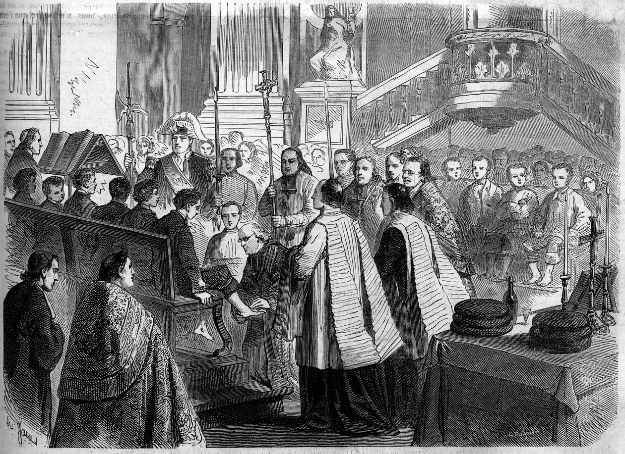 Kristillinen riitti - Pyhä Torstai - 1860: jalkojen pesu Saint Sulpicen kirkossa Pariisissa. Kaiverrus "" Le Monde Illustré" -julkaisussa nro 156, 7. huhtikuuta 1860. tekijältä French School