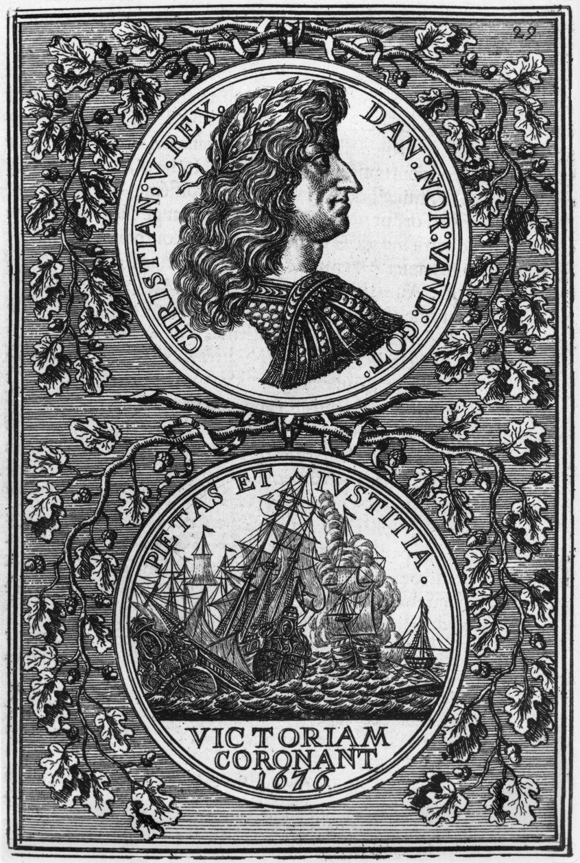 Christian V (1646-99) Tanskan ja Norjan kuningas, kuvitus Allain Manesson Malletin (1630-1706) julkaisusta Description de lUnivers, julkaistu Pariisissa, 1683 tekijältä French School