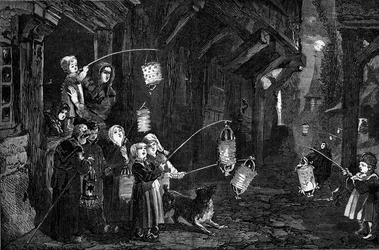 Kristillinen tapa - Loppiainen - 1860: Normandian kylän lapset lyhdyt kävelemässä kaduilla. Kaiverrus "" Le Monde Illustré" -julkaisussa nro 143, 7. tammikuuta 1860. tekijältä French School