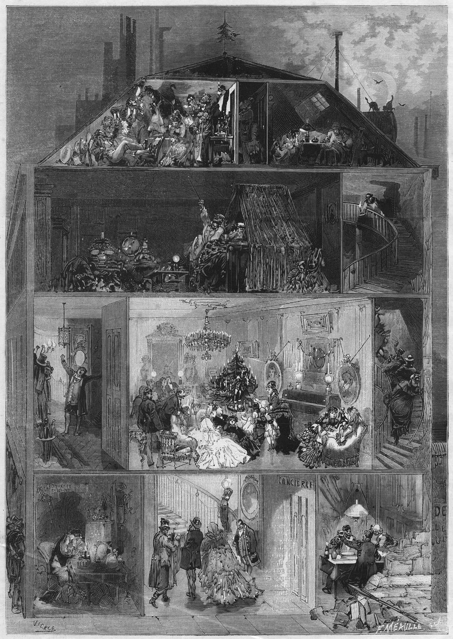 Jouluaatto: poikkileikkaus pariisilaisesta rakennuksesta, jossa esitellään erilaisia tapoja juhlia uudenvuodenaattoa. Kaiverrus "" Le Monde Illustré" -julkaisussa nro 810, 19. lokakuuta 1872. tekijältä French School