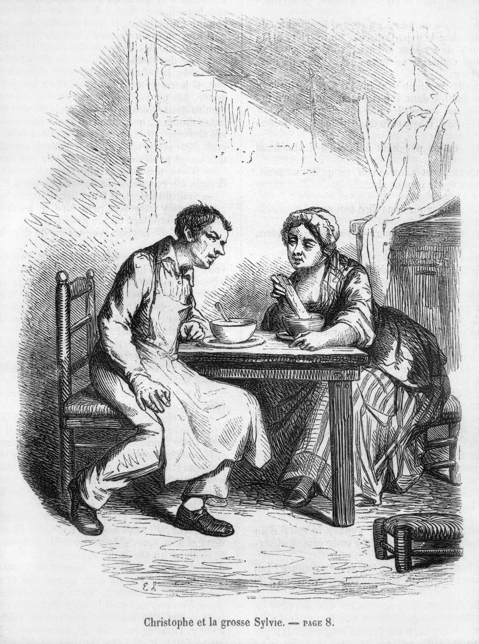 Christophe ja lihava Sylvie, kuvitus Honore de Balzacin (1799-1850) Le Pere Goriotista tekijältä French School