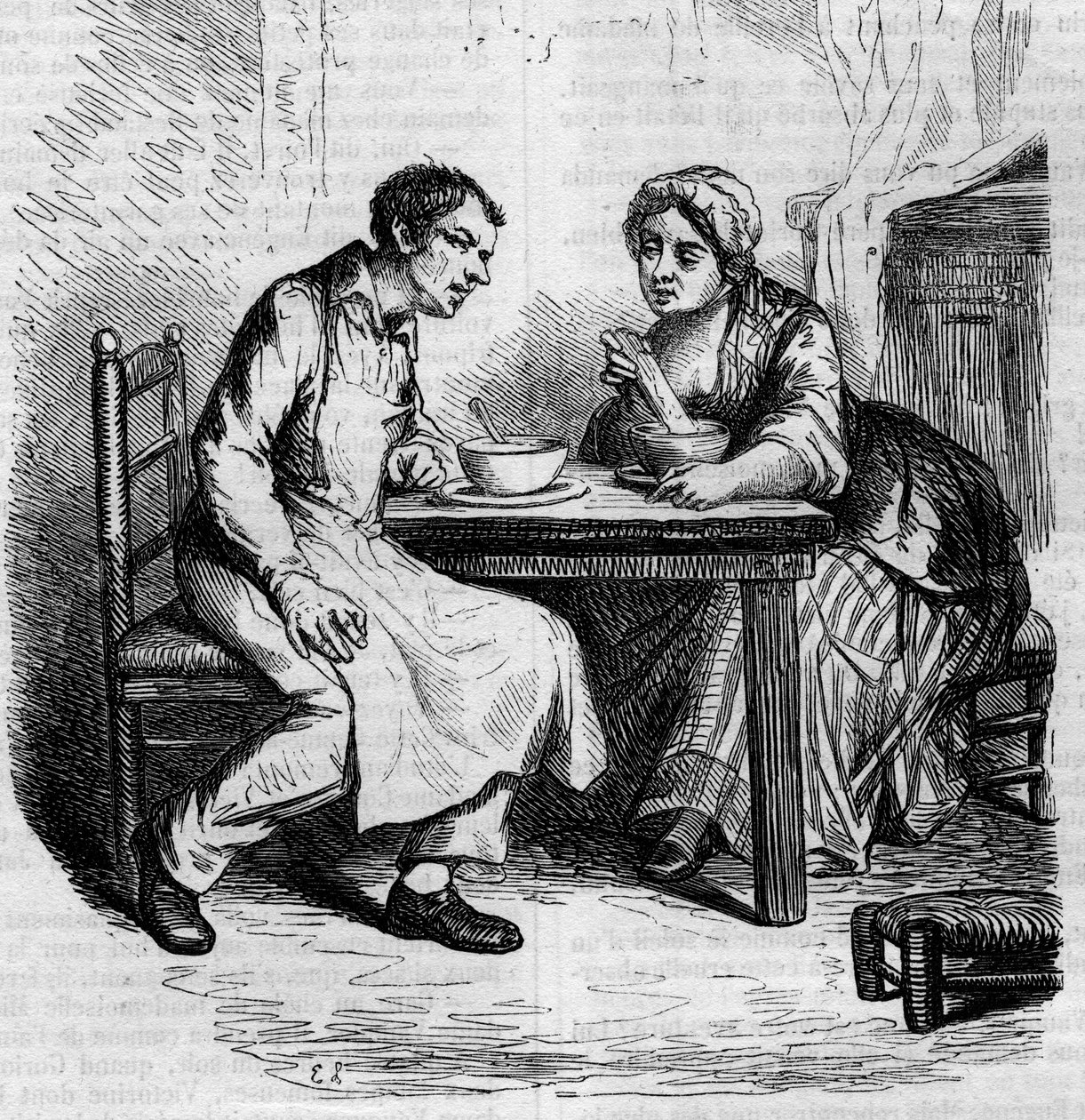 Christophe ja lihava Sylvie: palvelijat syömässä aamiaista. Kaiverrus 1800-luvun puolivälissä. Kuvitus Honore de Balzacin (1799-1850) "Isä Goriot" -sarjaan. tekijältä French School