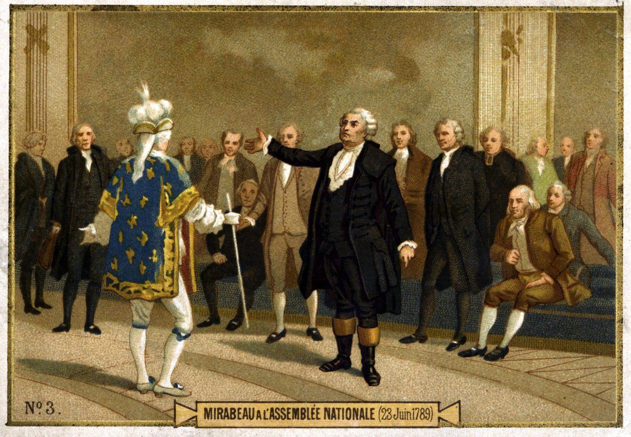 Kromolitografia, joka edustaa Honore Gabriel (Honore-Gabriel) Riquetia, Mirabeaun kreiviä (1749-1791) kansalliskokouksessa 23. kesäkuuta tekijältä French School