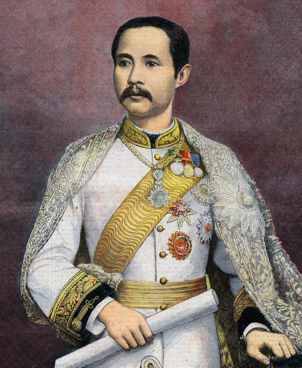 Chulalongkorn (1853-1910), Siamin kuningas. Vuonna 1897 Chulalongkornista tuli ensimmäinen siamilainen hallitsija, joka vieraili Euroopassa. Kuvitus Le petit Journalista tekijältä French School