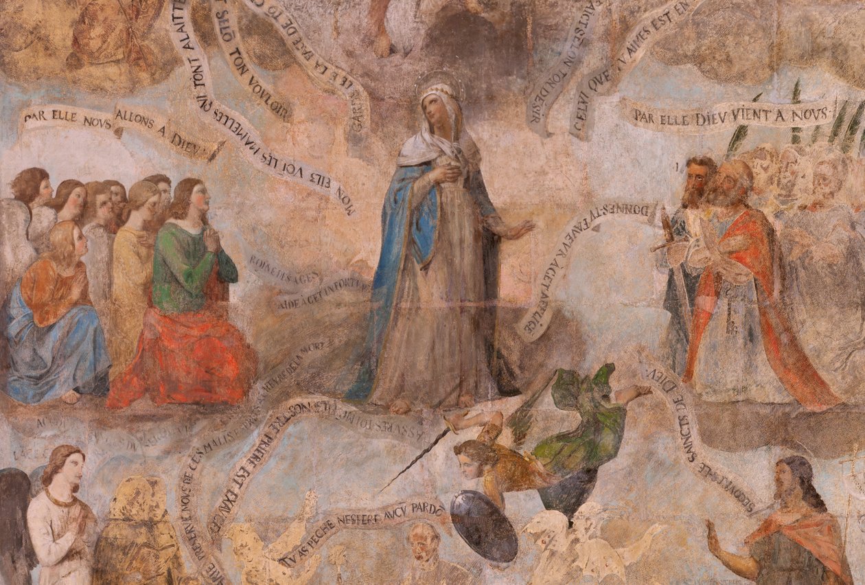 Kirkko (Johannes Kastajan kirkko). Sisustus. Kappeli Saint-Fursy. Seinämaalauksia. Marian kirkkaus (fresko, joka tunnetaan nimellä hyvä kuolema). Aloita 1700-luvulla. tekijältä French School