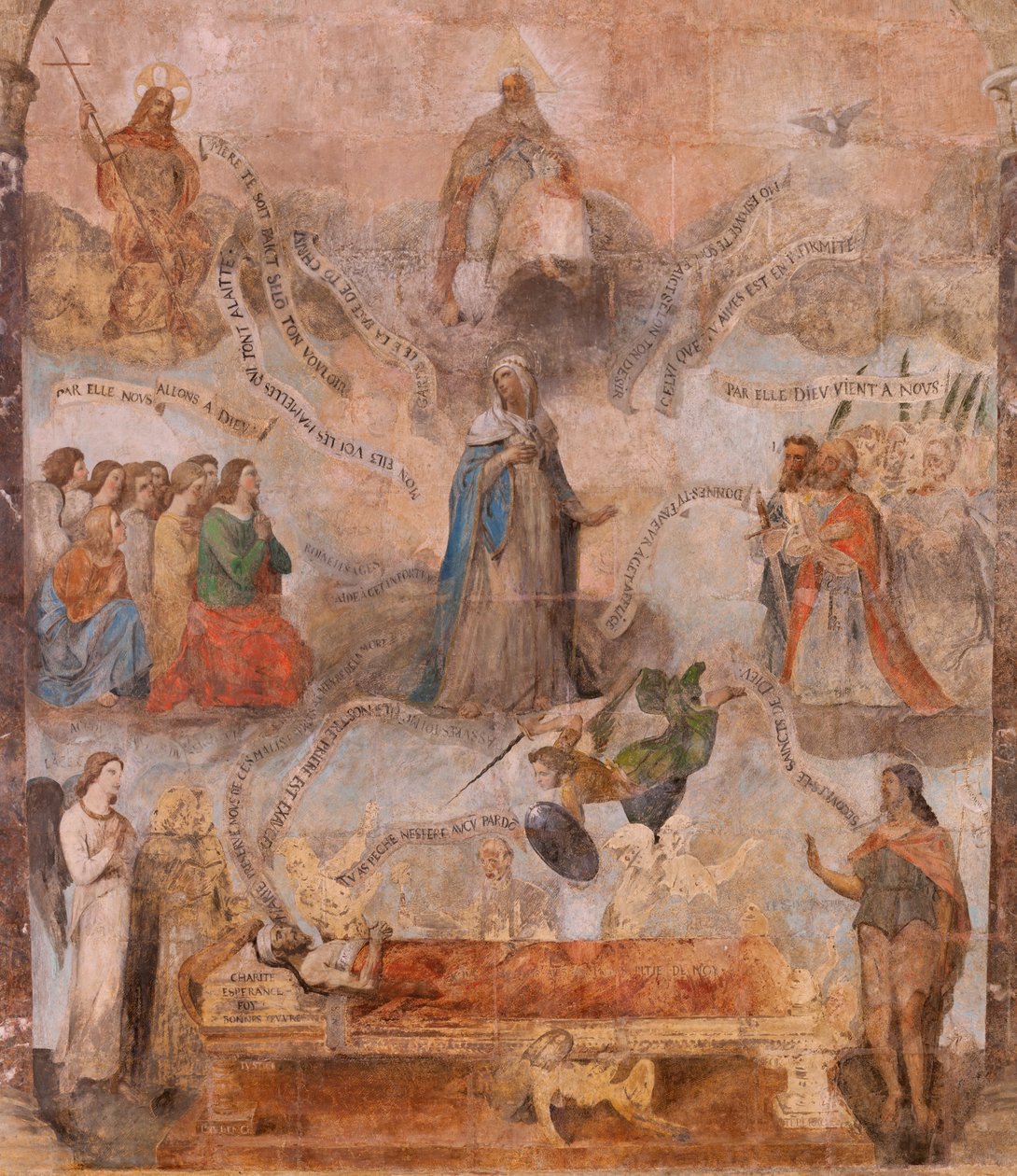Kirkko (Johannes Kastajan kirkko). Sisustus. Saint-Fursyn kappeli. Seinämaalauksia. Marian kirkkaus (fresko, joka tunnetaan nimellä hyvä kuolema). Aloita 1700-luvulla. tekijältä French School