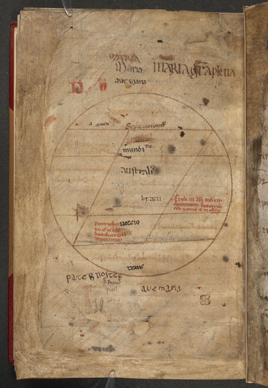Pyöreät mustekaaviot ruskealla ja punaisella musteella maailman asumiskelpoisista ja asumattomista vyöhykkeistä, kuvitus "Liber Monstrorumista", Bede (vellum) tekijältä French School
