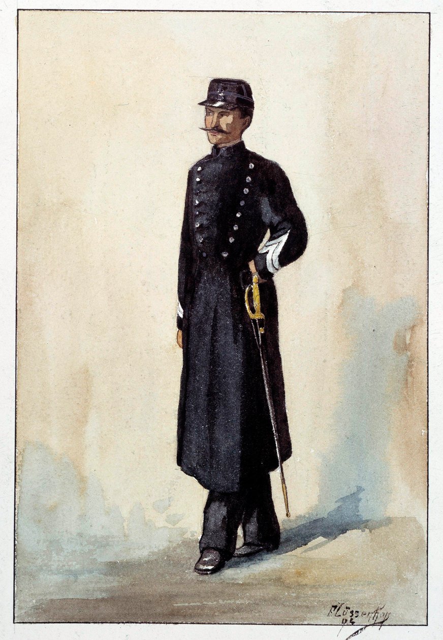 Kaupungin kersanttipoliisin univormu toisen tasavallan alaisuudessa. Akvarelli noin 1870 tekijältä French School